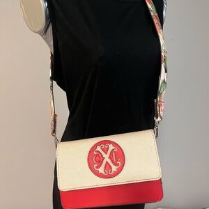 Christian Lacroix Cream & Red Crossbody with Embossed Medallion